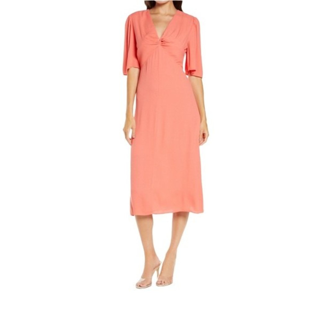 Chelsea28 Long Sleeve Faux Wrap Maxi Twist Midi Dress Large Coral Beach Womens L